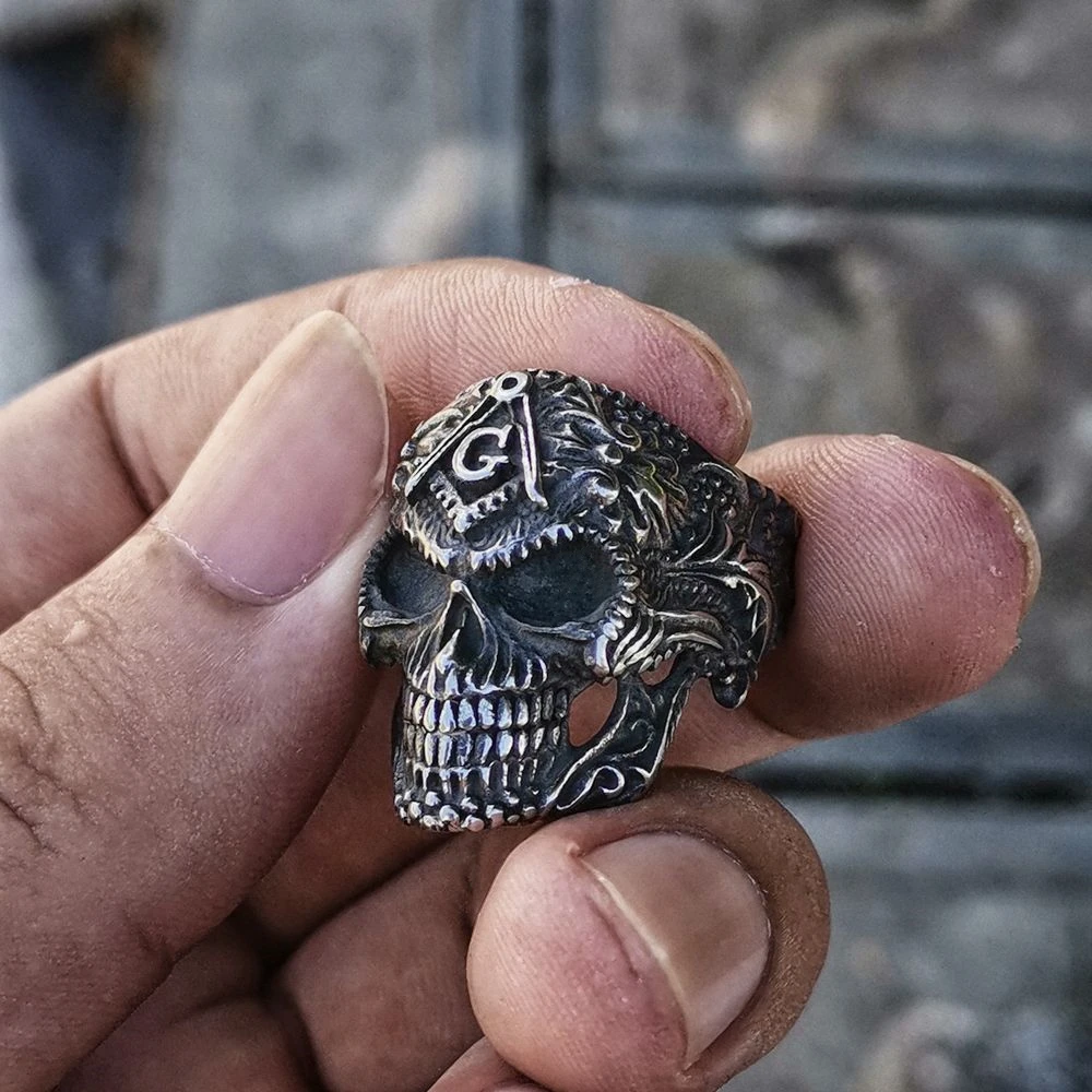 EYHIMD Heavy Metal Silver Color Free Mason Biker Skull Rings Men Punk Stainless Steel Ring Masonic Jewelry Gift for Him
