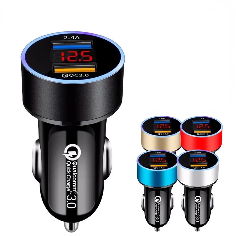 

QC3.0+2.4A Dual USB Car Charger LCD Display 12-24V Cigarette Socket Lighter Fast Charger Power Auto USB Adapter Upgraded