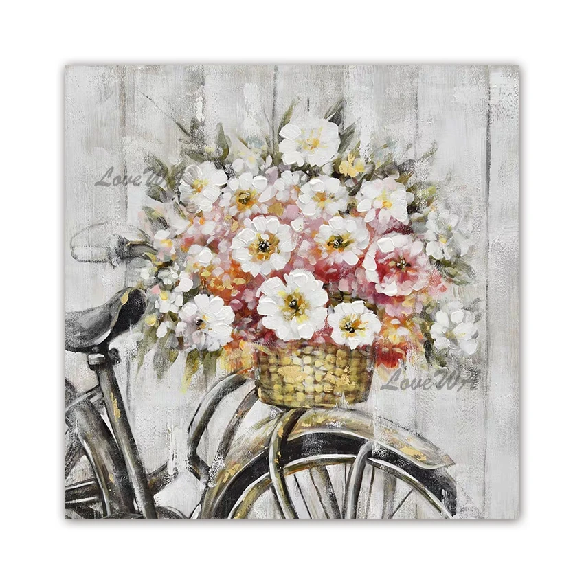 

Абстрактная текстурированная картина 100% ручной работы с ножом, цветок и велосипед, картина маслом на холсте, настенное украшение, художеств...