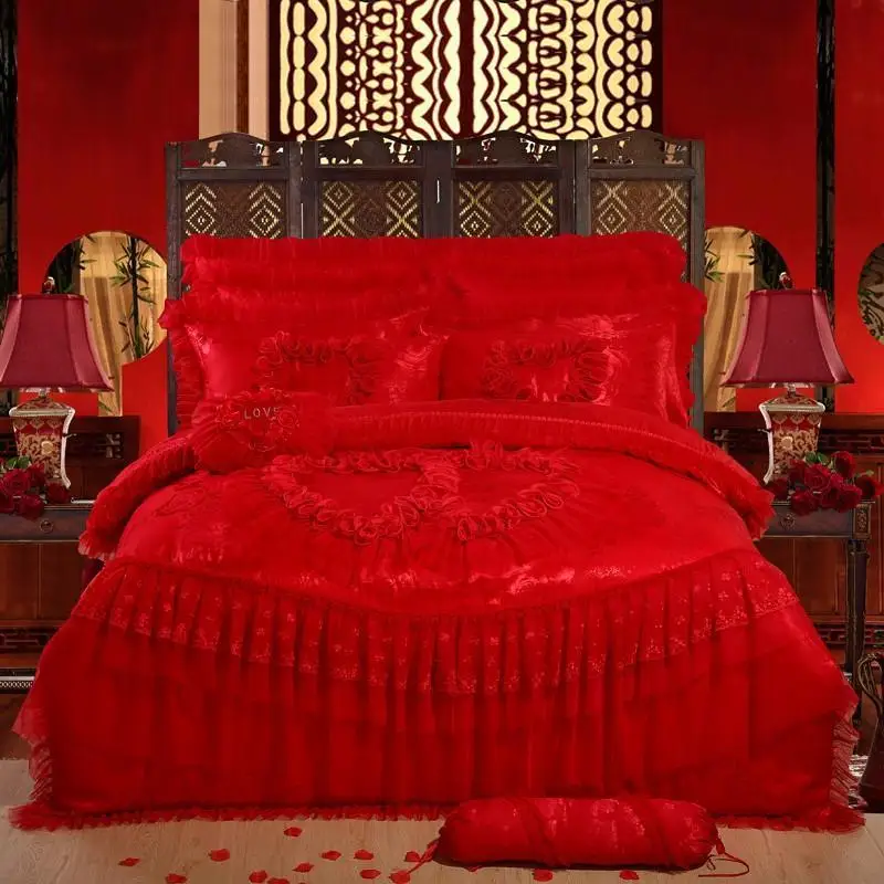 

Oriental lace red pink luxury bedding set queen King size wedding bed cotton bed sheets duvet cover set bedspreads decoration