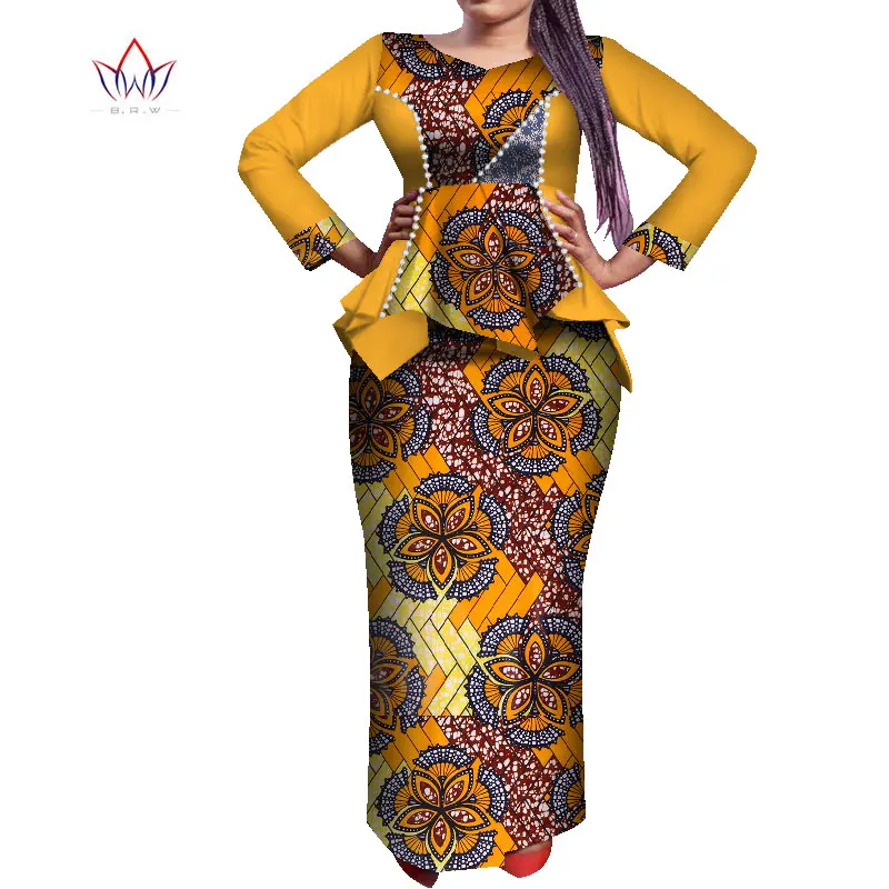 Customize African Print Peals Long Sleeve Tops and Skirt Sets for Women Bazin Riche African Clothing 2 Pieces Skirts Sets WY7641