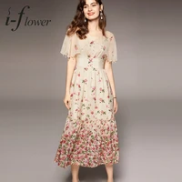 100 natural silk mulberry dress for women 2022 summer elegant floral midi dress short flying sleeve a line v neck beading robe