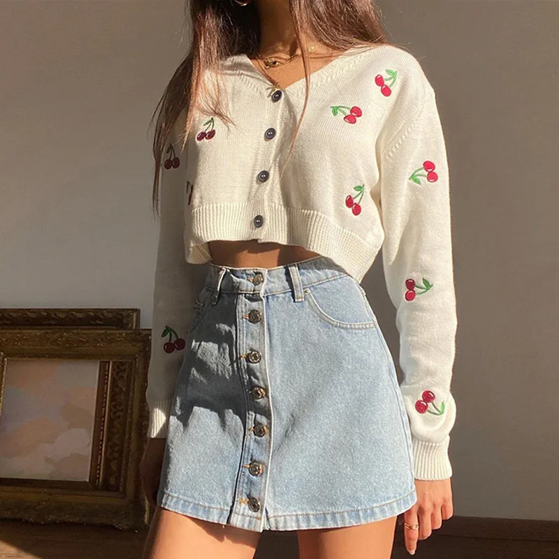 

Print Long Sleeve Cropped Cardigans For Women 2021 Autumn V-neck Single Breasted Slim Crop Tops Female Sweet Casual Sweaters