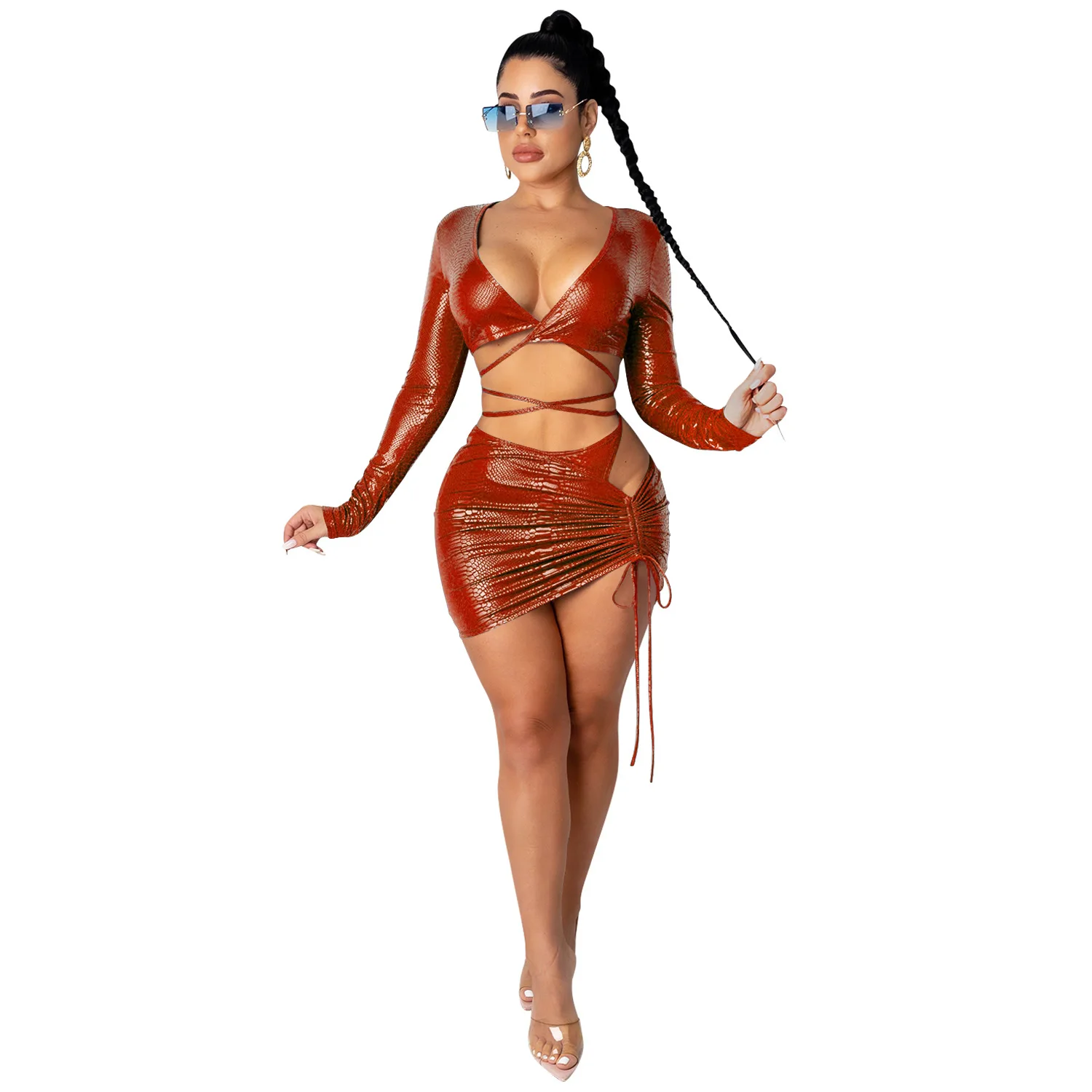 

2021 New Bandage 2 Piece Set Women Sexy V Neck Lace Up Crop Top + Ruched Mini Skirts Bodycon Night Club Two Piece Set Outfits