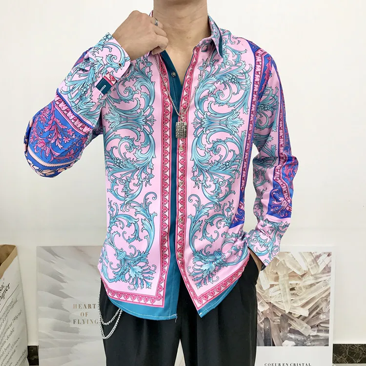 Мужская винтажная дизайнерская рубашка в стиле барокко синяя золотая фиолетовая