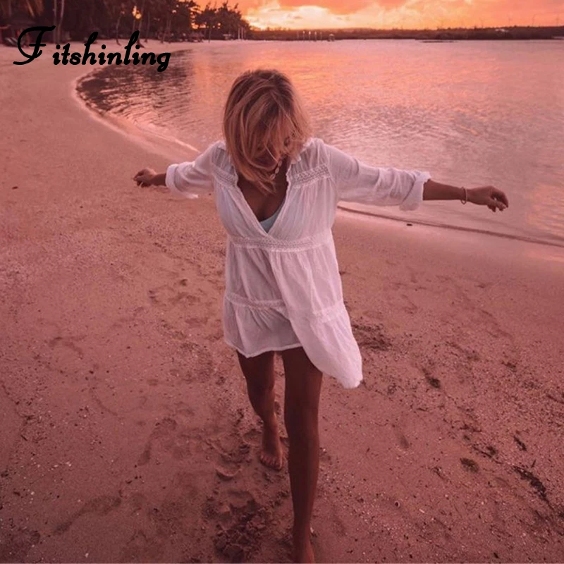 

Fitshinling Lace Splice Bohemian White Dress Swimsuits Beach Cover-Up Holiday Slim Sexy Pareos Cotton Long Sleeve Shirts Dresses