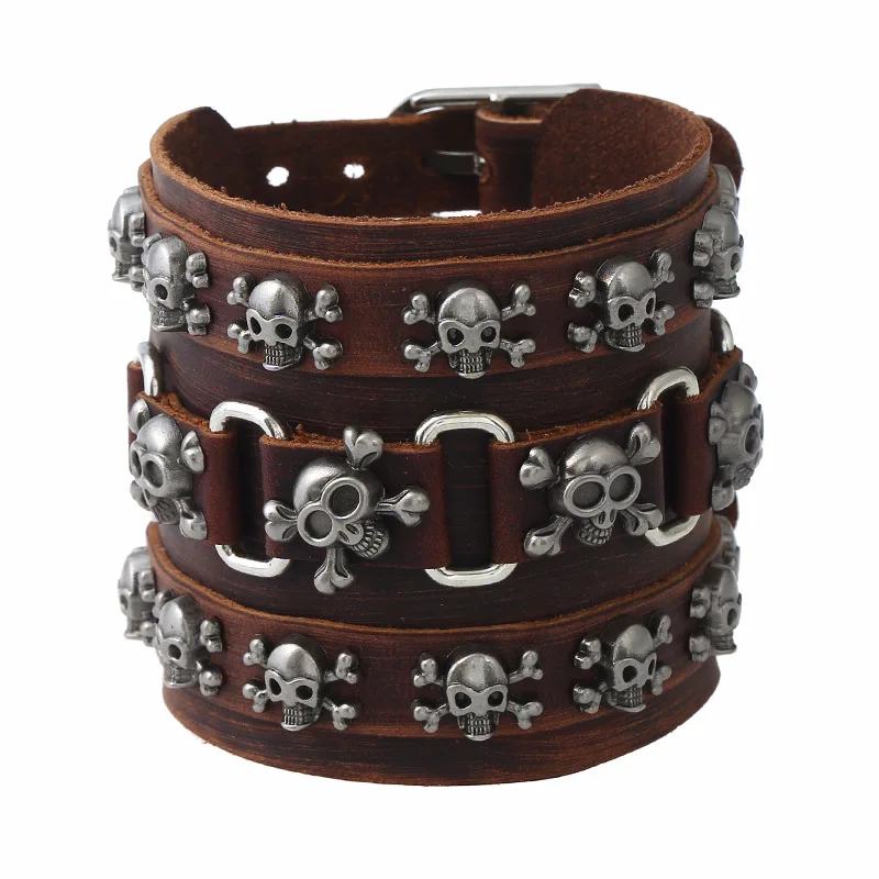 

7cm Width Genuine Leather Bracelet Punk Rock Skull Bangle 2020 Fashion Leather Jewelry For Men