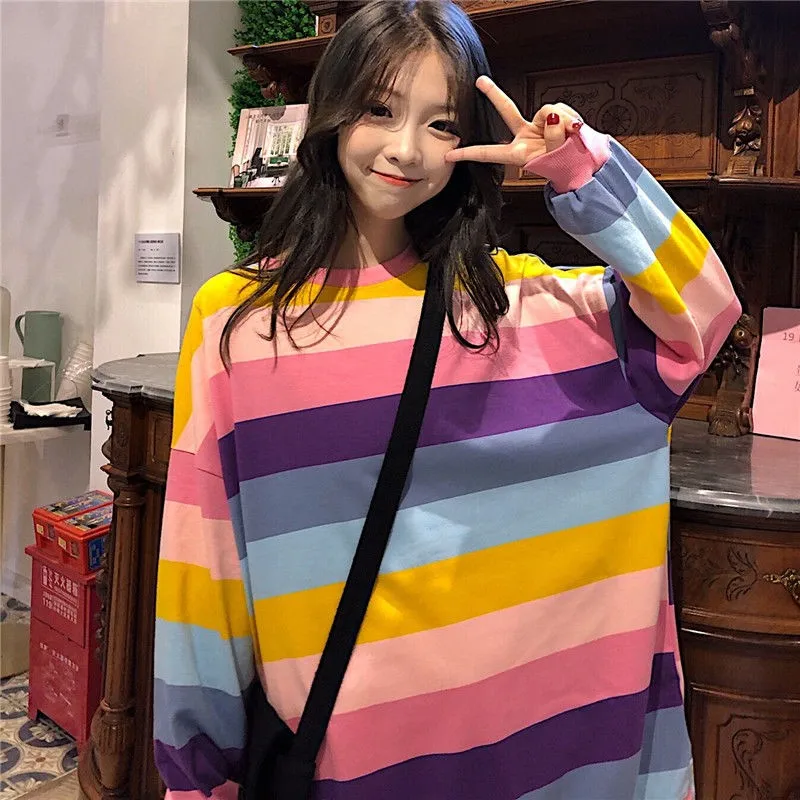 Одежда в Корейском стиле Сезон осень c бантом полоску цветастой радуги для детей