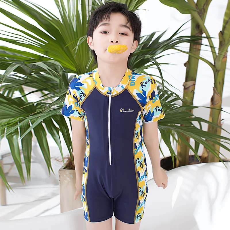 

Swimsuit Kids Boys Swimwear For Children One Piece Child Printed Swimming Suit Surfing Short Sleeve Shorts Rash Guard Zipper