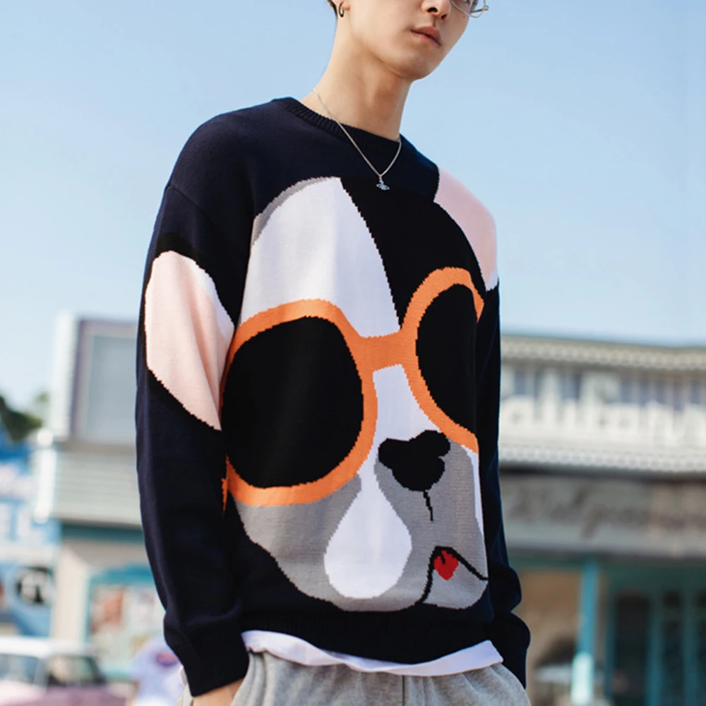 Men Sweater Cartoon Funny Dog Print O-Neck Pullover Sweaters Men Soft Slim Casual High Street Fashion Streetwear