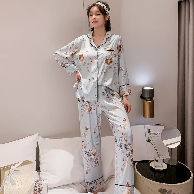 

Pajamas women spring and autumn new style viscose fiber long-sleeved suit casual fashion printed silk fabric casual two-piece su