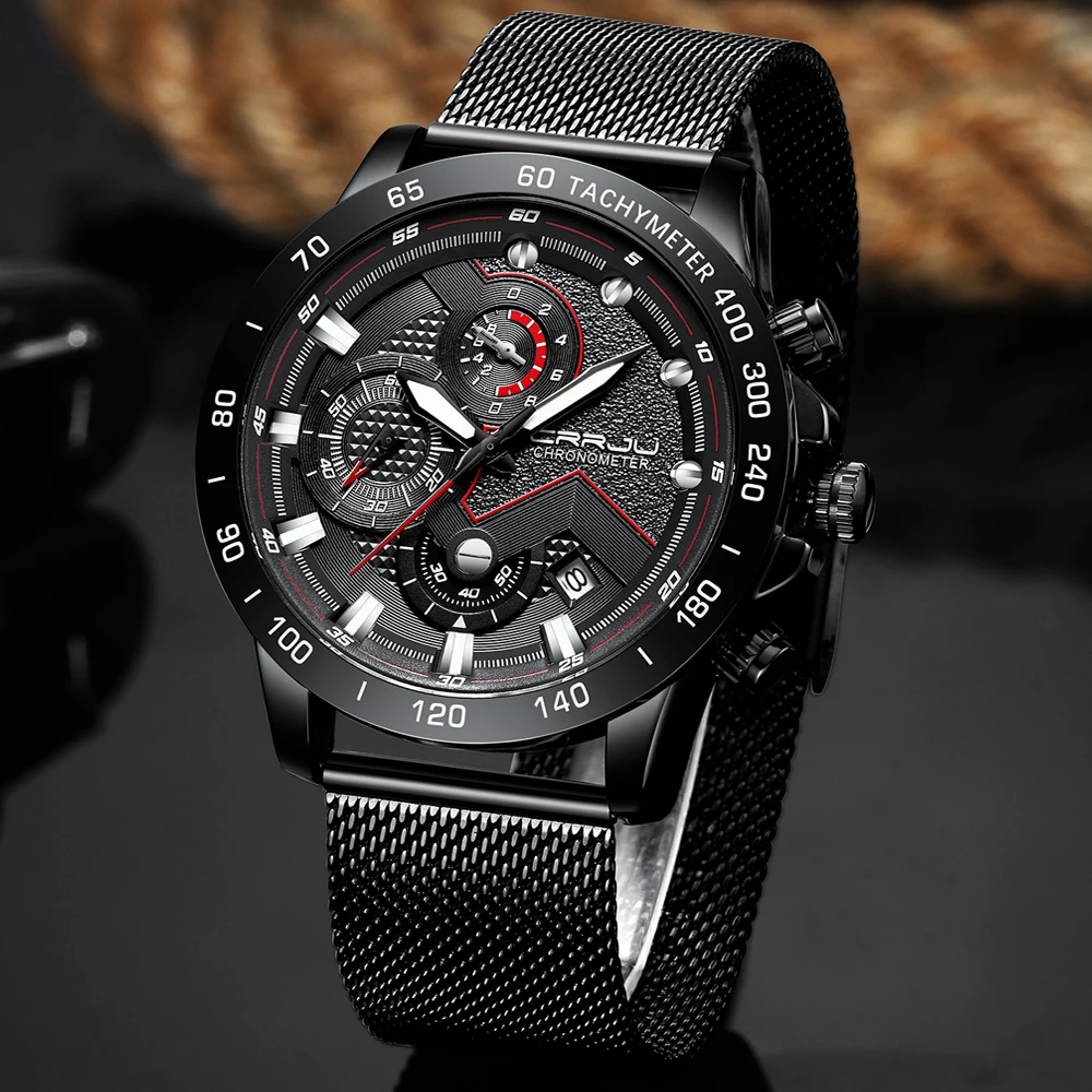 

CRRJU New Men Watches Top Brand Luxury Quartz Clock Mesh Steel Date Chronograph Waterproof Sport Watch for Men Relogio Masculino