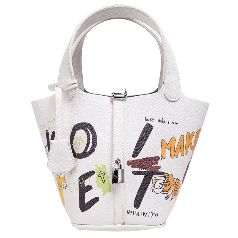 

Bags 2021 New Female Bag Handbag PU Leather Graffiti Bucket Bag Handbag Large-capacity Picture and Mother Bag Messenger Bag