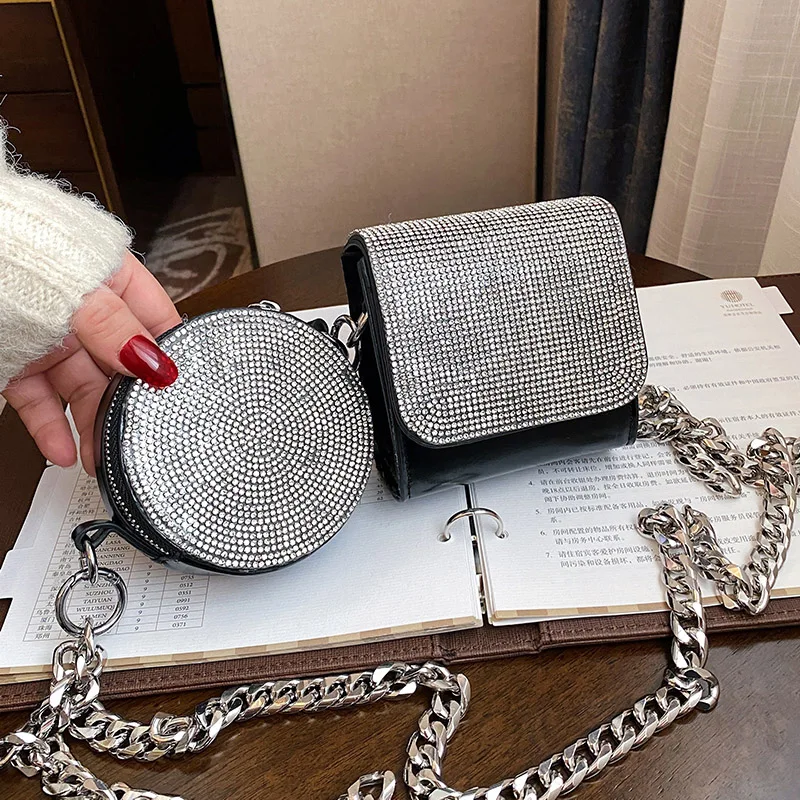

Дизайнерские Роскошные мини-сумки через плечо с бриллиантами для женщин, новинка 2021, модная женская сумка из 2 предметов на цепочке, сумка на...