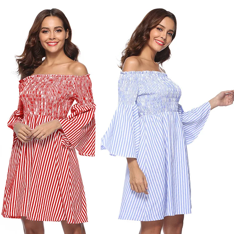 Sexy Off Shoulder Party Mini Dresses Elegant Vintage Stripe Lantern Long Sleeve Summer Holiday Style Beach Boho Dress Vestidos |