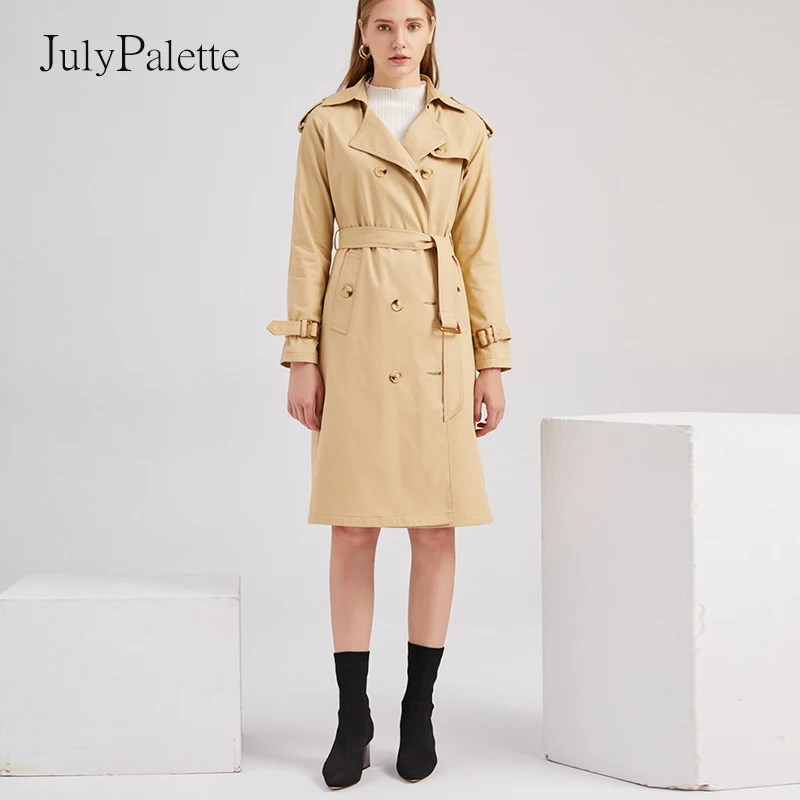 

Julypalette S-3XL весна женский двубортный тренчкот средней длины с поясом из хлопка классическое офисное дамское пальто с лацканами