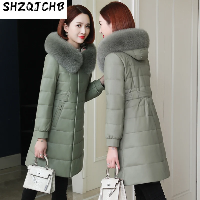 

SHZQ 2021 Новый кожаный пуховик женская средней и длинной овечьей кожи куртка с плюшевой и утепленной зимней курткой приталенная куртка