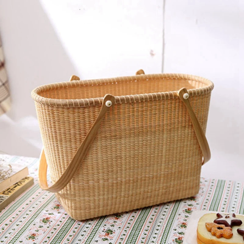

Basket with Lid, Picnic Basket, Shopping Basket, Rattan Basket, Double Handle Storage Basket
