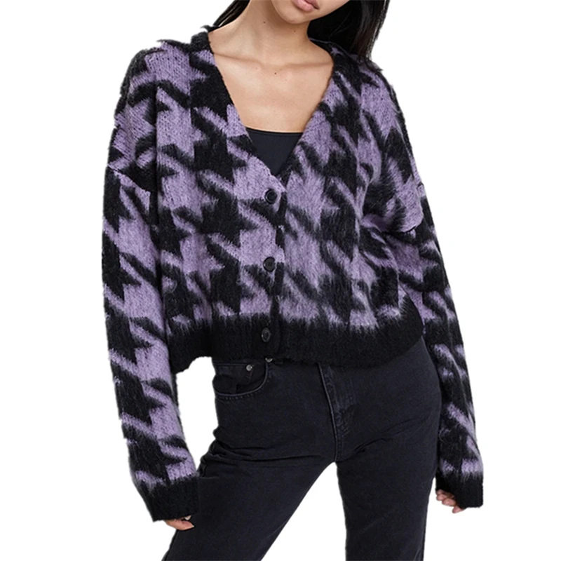 

Hirigin 2021 Women Adults Loose Houndstooth Pattern Long Sleeve V-neck Knit Cardigan Streetwear Color Block Sweater