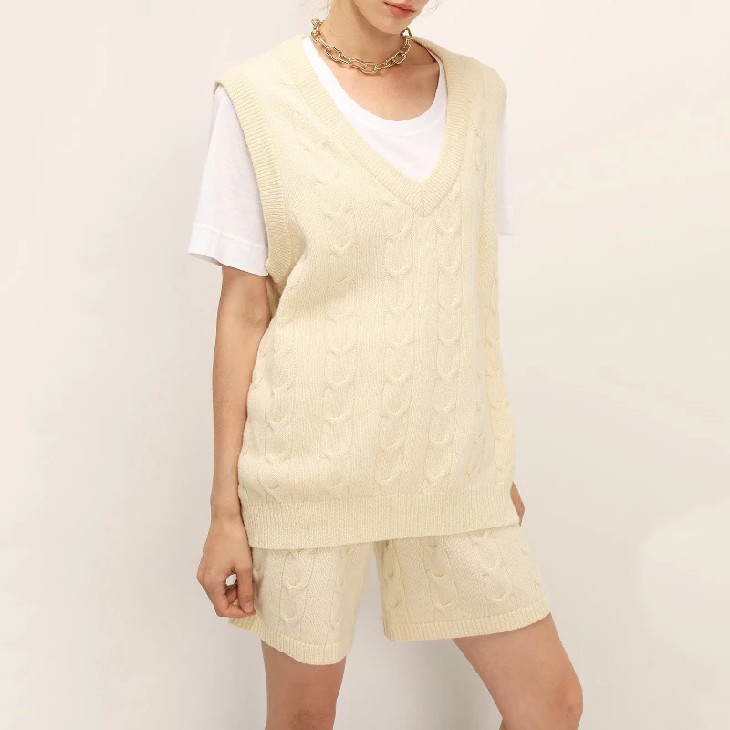 

Holiwind 2021 свитер жилет женский осенне-зимний вязаный костюм комплект из 2 предметов теплый свитер с V-образным вырезом пуловеры шерстяные шорт...