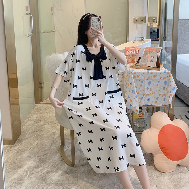 

Pajama Dress Cute Black Bow Short Sleeve Dress Polka Dot Print Elegant Soft Yukata Fashion Women Home Wear Knee-Length Dresses