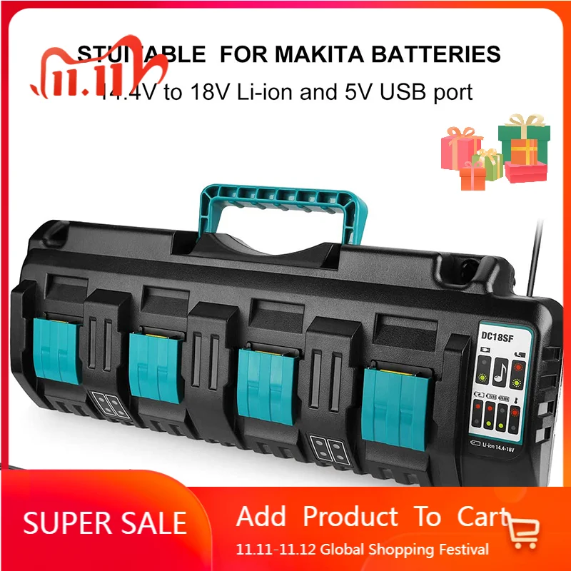 

Зарядное устройство для аккумуляторов Makita BL1820, BL1830, BL1850, BL1430, 4 порта, 14,4 В, 18 в, 4x3 А