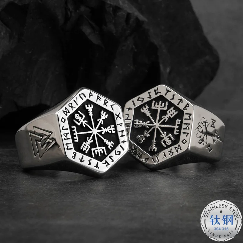 

Megin D New Vintage Punk Simple Hiphop Compass Totem Titanium Steel Ring for Men Women Couple Friend Fashion Design Gift Jewelry