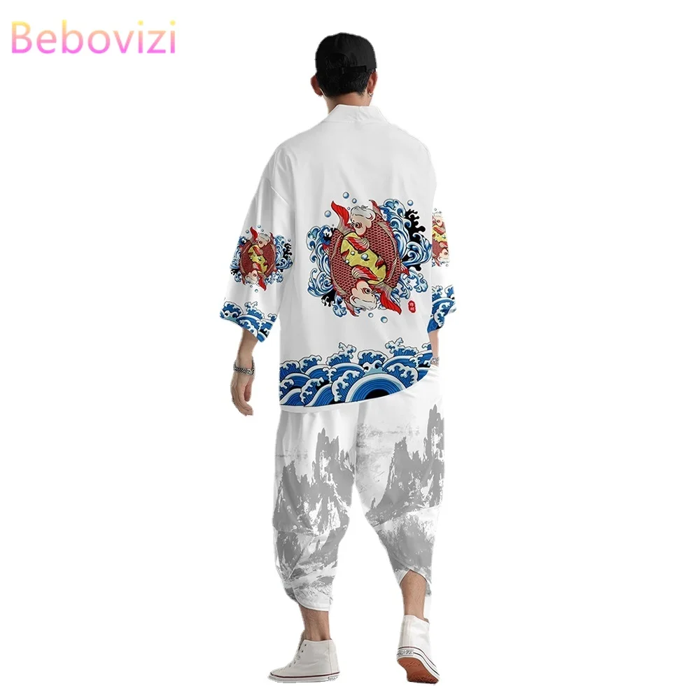 

Plus Size 6XL 5xl Carp China Beach Harajuku Japanese Sets Fashion Kimono Men Women Cardigan Haori Obi Asian Clothes Pant Suit
