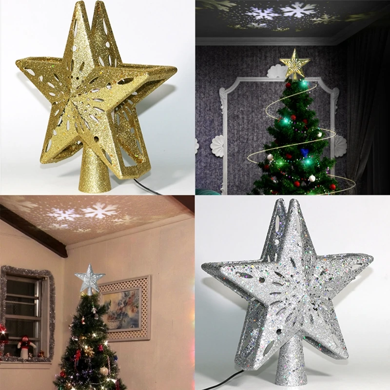 

US/EU/UK Plug Christmas Decoration Ornaments Xmas Tree Top LED Projection Lamp Snowflake Pattern Night Light Decor Props