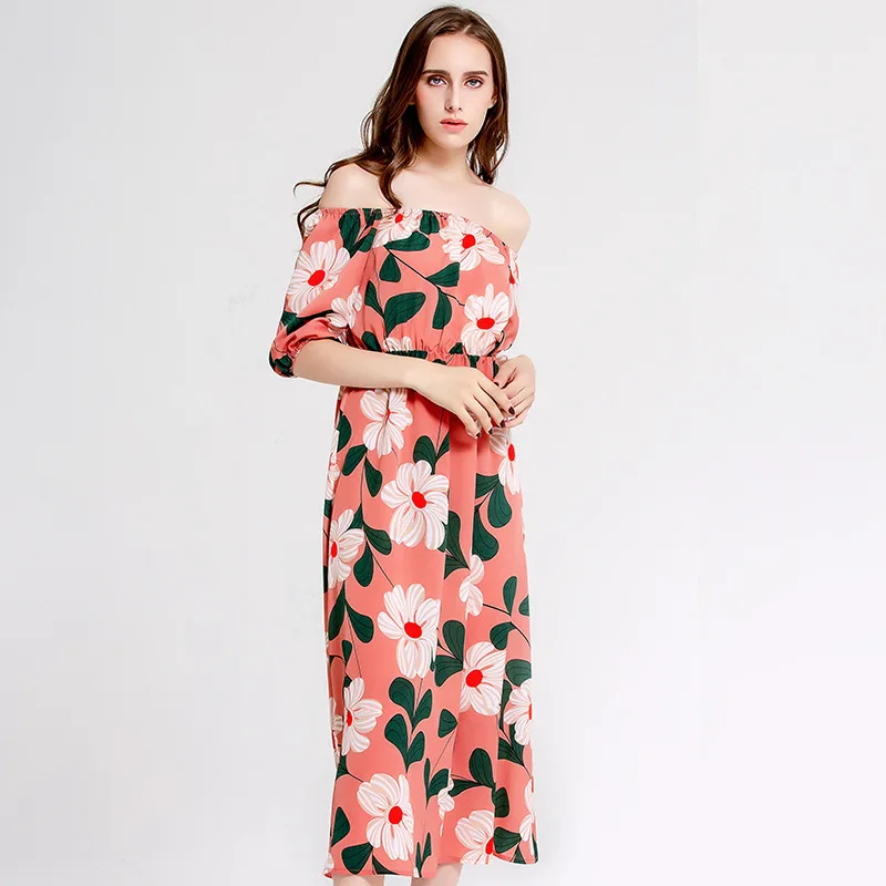 

Plus Size Womne's One Word Collar Long Dress Bohomia Flower Print Maixi Dresses Fashion Tunic Boho Eveing Party Dress Vestido