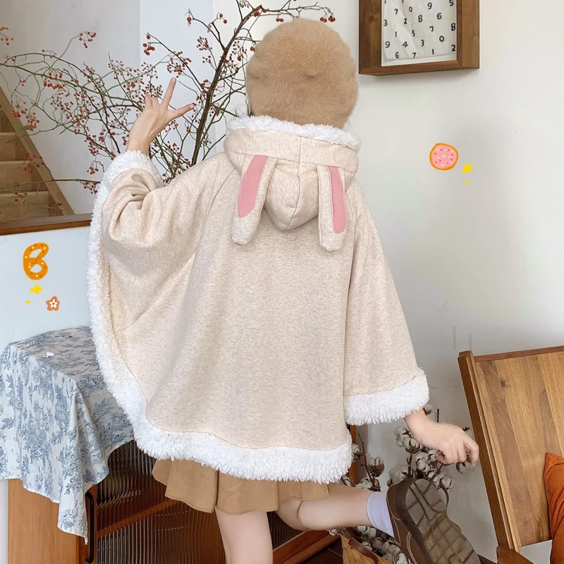 Плащ женский с капюшоном и ушками кролика Мягкая шерстяная куртка в стиле