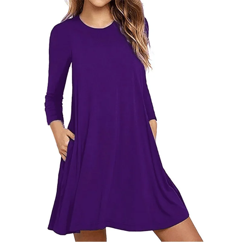 

Women Autumn Long Sleeve Round Neck Plain Dress Solid Color Pleated Swing Casual Loose Pullover Streetwear Dress with Pockets