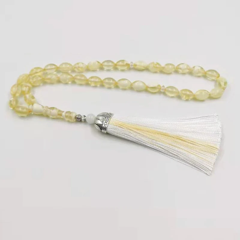 Белый Tasbih прозрачный смоляный хлопок кисточкой Четки мусульманские 33 бусины