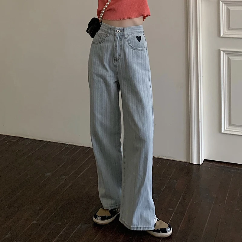 

2021 Summer Spring New Korean Side Slit Loose Wide-leg Jeans Women's Love pattern High-Waist Straight pants