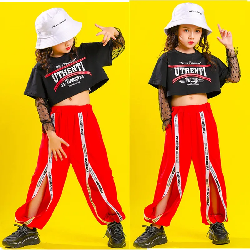 

Kids Cool Hip Hop Clothing Sweatshirt Crop Top Long Sleeve Black T Shirt Split Pants for Girls Jazz Dance Costume Clothes Wear