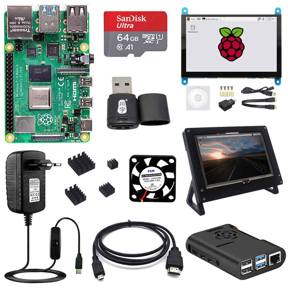 Оригинальный Raspberry Pi 4 2 ГБ/4 ГБ/8 ГБ + 5 дюймов сенсорный экран Экран чехол Питание sd