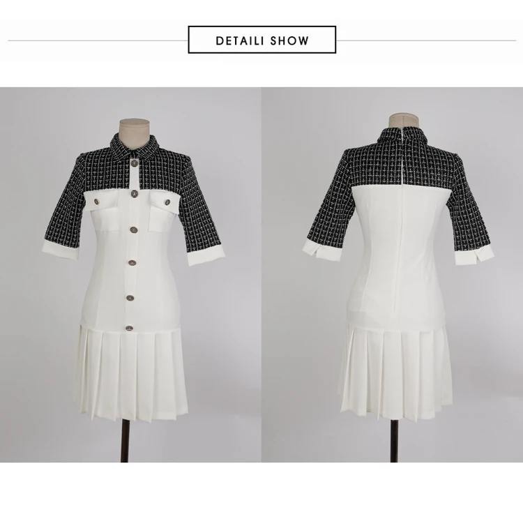 

2020 Autumn Korea Sweet Turn-Down Collar OL Half Sleeve Dress Bodycon Pleated Mini Casual School Vestidos