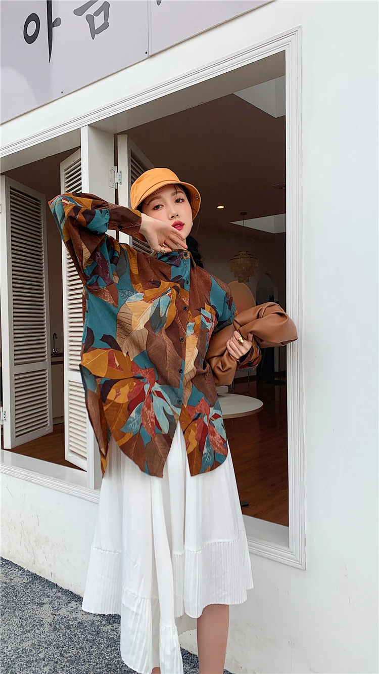 

ZCSMLL Vintage Hit Color Printing All-match Loose Women Blouses Long-sleeved Shirt Female Flavor 2021 Spring Summer