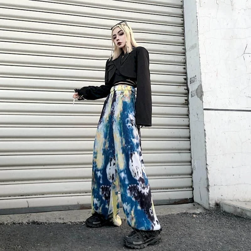 

Casual trousers women 2020 autumn new Korean version Harajuku style personality splash ink tie-dye drape wide-leg pants trendy