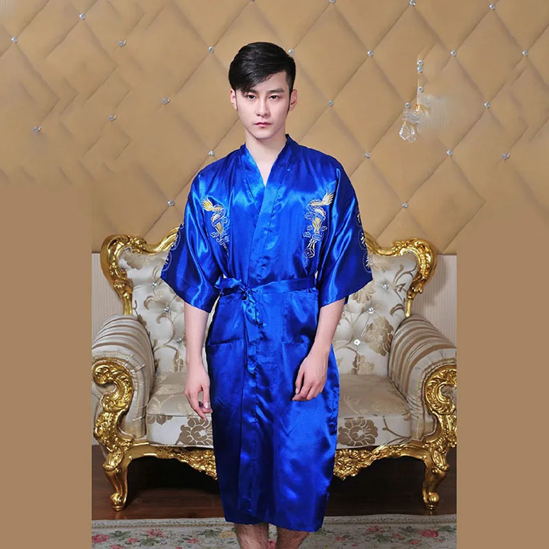 Blue kimono 7 цветов традиционные японские кимоно с вышивкой в виде дракона халат Для мужчин ночная рубашка, юката атласные пижамы Для Мужчин's Quimono самурая мужской - Цвет: Blue kimono