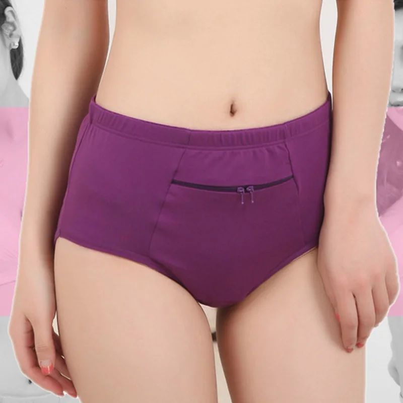 Women Large Size Zipper Anti-theft Panties With Pockets Cotton High Waist Middle-aged Elderly Female Plus Fat Underwear | Женская одежда