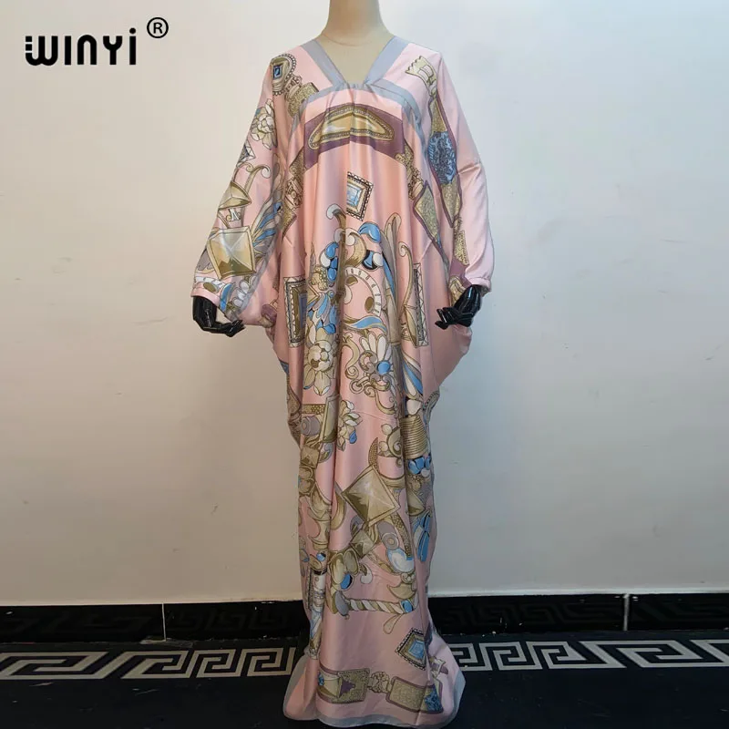 

WINYI 2020 Autumn Winter Runway Vintage Maxi Dress Robe Women's Fashion Batwing Sleeve Flower Print Loose robe femme kaftan