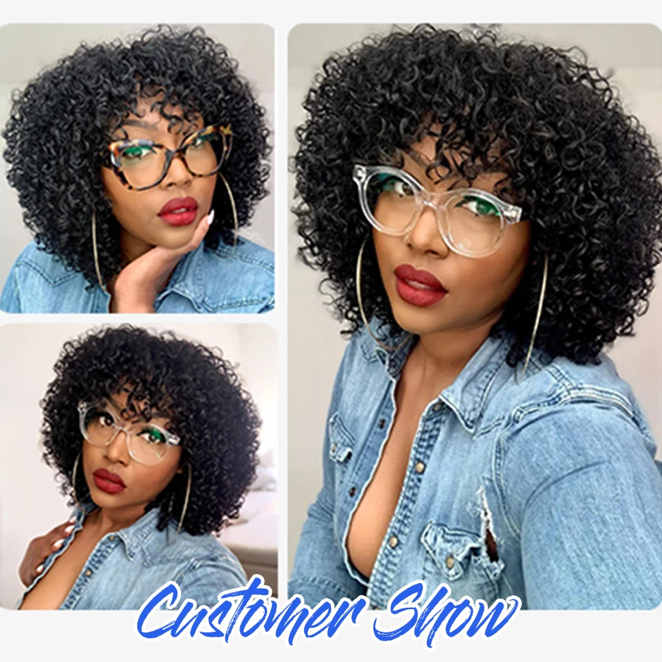 RESHINE Short Curly Bob Wigs Mongolian Human Hair With Bang Scalp Top Full Machine Made For Black Women | Шиньоны и парики
