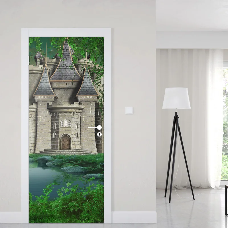 3D наклейка на дверь Настенная роспись в лесу искусство волшебный замок обои