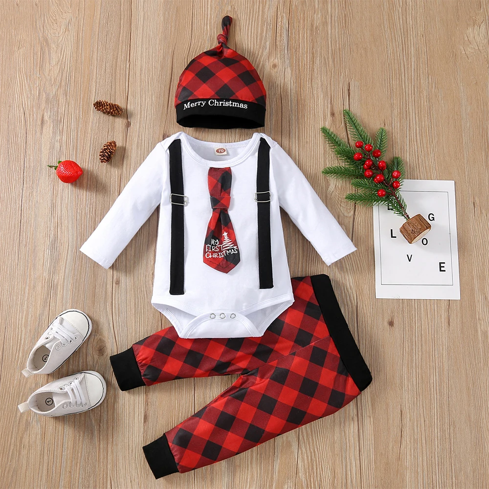 

2021 Newborn Baby Romper 3PCS Sets Bebies Casual Cotton Elastic Waist Knitted Round Neck Check Pullover Long Sleeve Boy Bodysuit