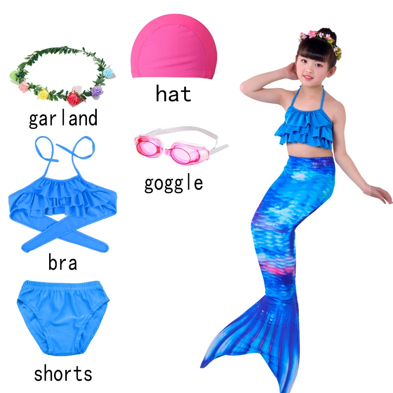 6pcs with blue-F ; комплект из 3 предметов на Хэллоуин; детский купальник с хвостом русалки и шортами для девочек; платье для плавания с топом для девочек - Цвет: 6pcs with blue-F
