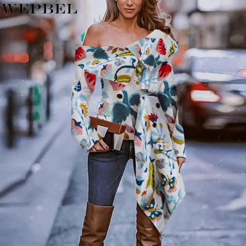 

WEPBEL Shirt Autumn Fashion Slim Print Button Shirt Women's Casual Long Sleeve Off Shoulder Skew Collar Irregular Plaid Shirt