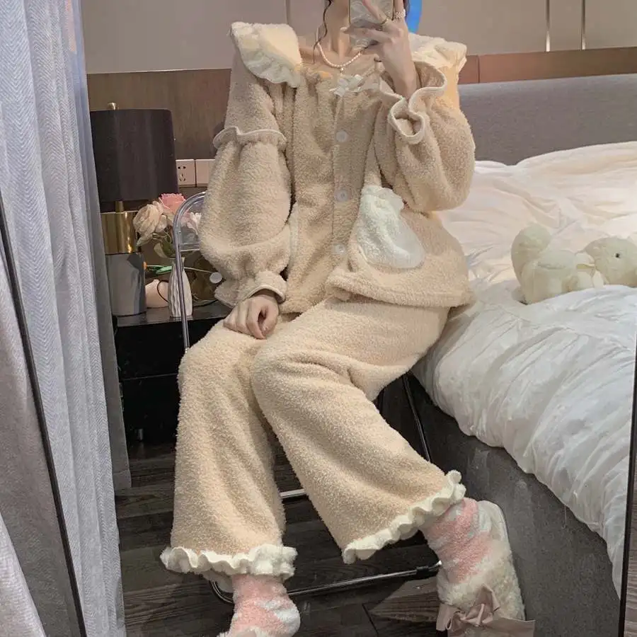 Sweet Plush Pajamas Winter Women's New Ruffled Sweet Princess Home Clothes Two-piece Set  Pajamas for Teen Girls