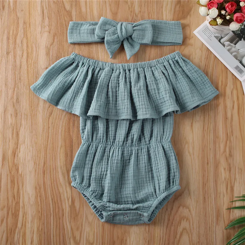 

Fashion Newborn Baby Boy Girls Cotton Linen Rompers Solid Off Shoulder Ruffle Romper Playsuit Toddler Outfit Summer Sunsuit