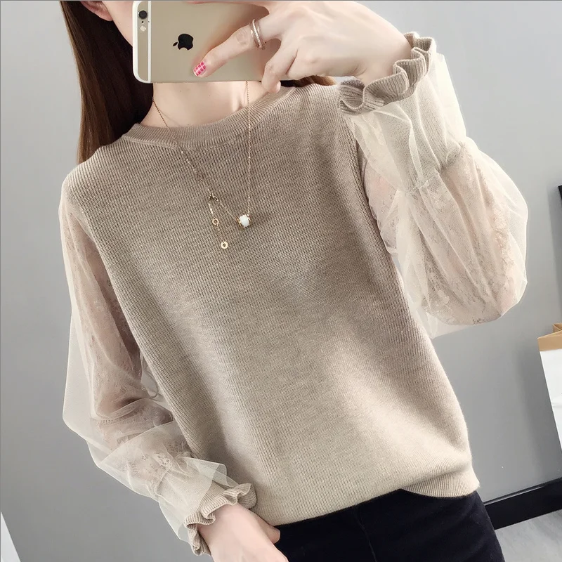 

Women's mesh long-sleeved sweater women's O-neck loose stitching lantern sleeve lace base sweater 2020